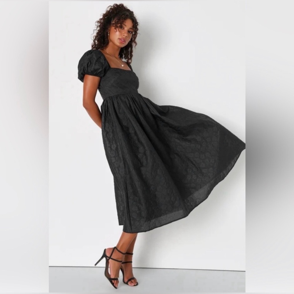 Lulus NWT “Adorable Mood” Black Floral Jacquard Puff Sleeve Babydoll Dress Large - Picture 14 of 16